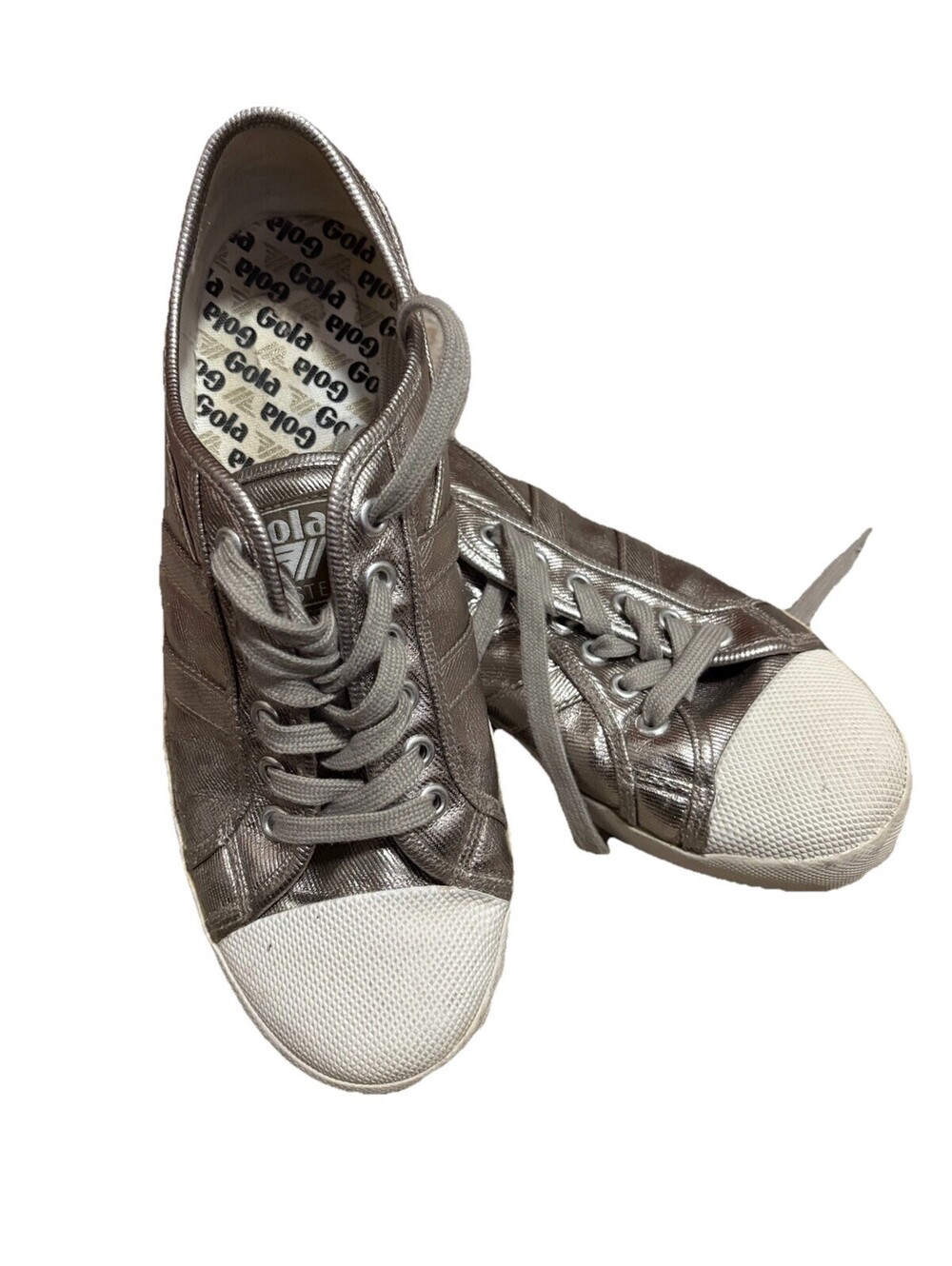 Gola Metallic Silver/White Low Top Lace-Up Sneaker, Textile Upper Women's 9